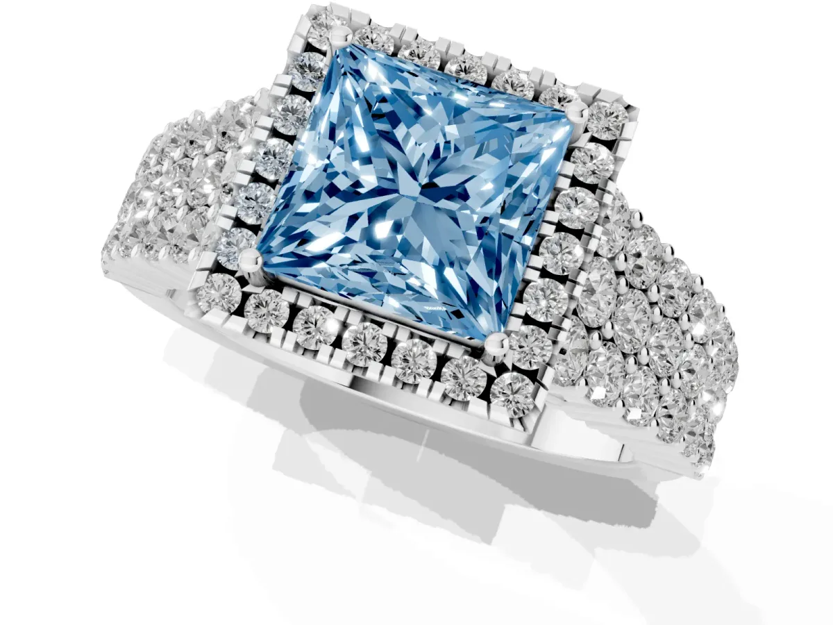 Fancy Blue Princess Cut Diamond Halo Engagement Ring with Triple Row Round Pavé Band and Prong Setting Silver