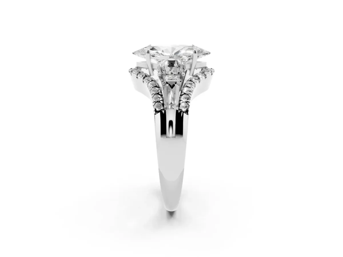 Three-Stone Marquise Cut Diamond Engagement Ring with Pave Band and Prong Setting Silver
