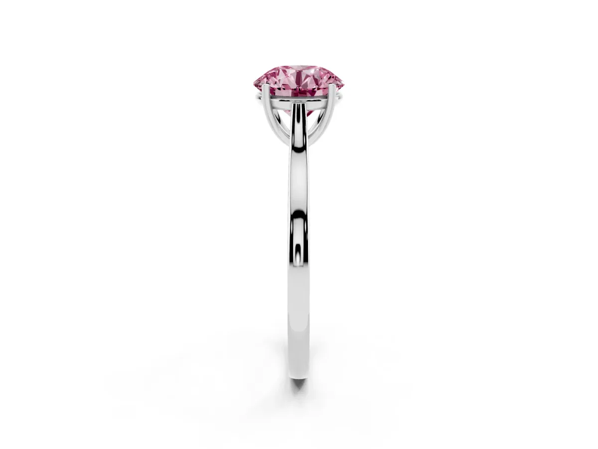 Fancy Pink Round Cut Solitaire Heart Prong Engagement Ring with Tapered Band White gold