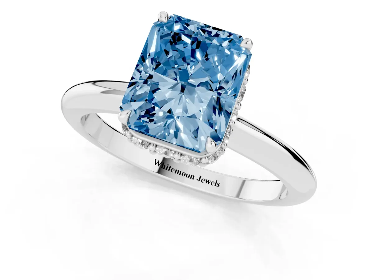Fancy Blue Radiant Cut Brilliant Solitaire Engagement Ring with Six-Prong Setting and Classic Band Platinum