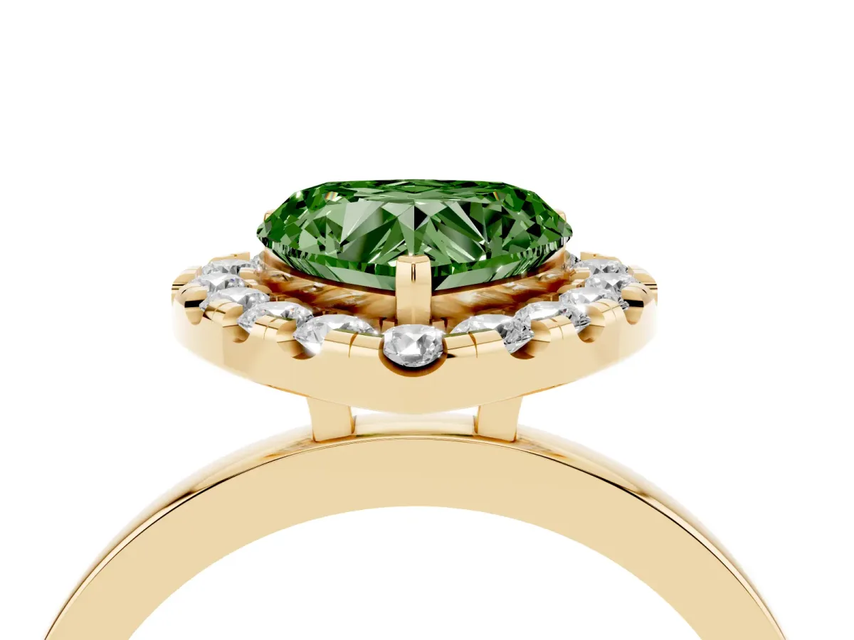 Fancy Green Heart Cut Halo Diamond Solitaire with Pavé Band and Four-Prong Setting Yellow gold