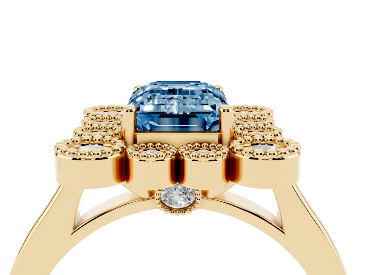 Fancy Blue Emerald Cut Halo Diamond Cluster Engagement Ring with Milgrain Bezel Setting and Solitaire Band Yellow gold