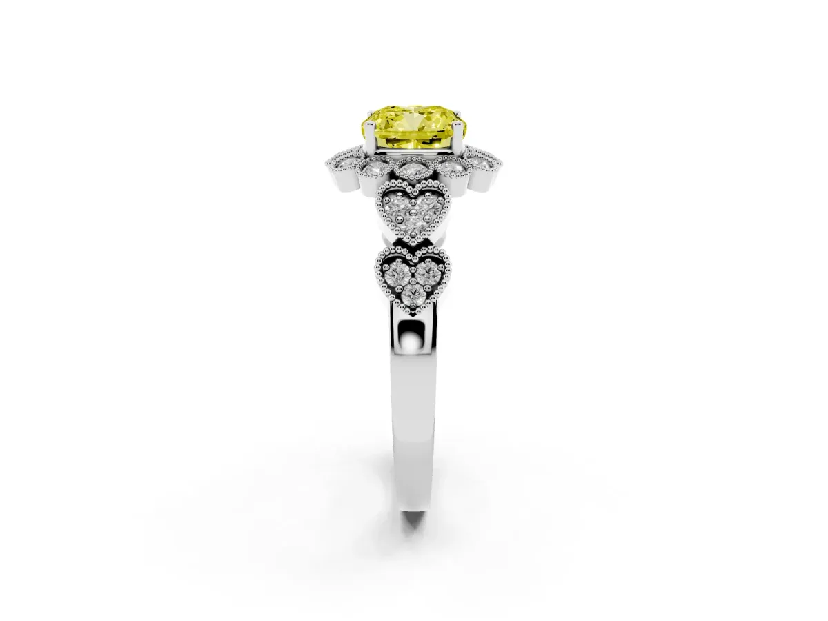 Fancy Yellow Cushion Cut Brilliant Milgrain Pave Heart Band Solitaire Ring White gold