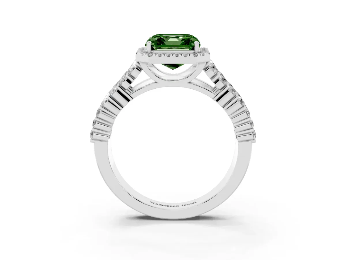Fancy Green Asscher Cut Diamond Halo Engagement Ring with Triple Row Round Pavé Band and Prong Setting Platinum