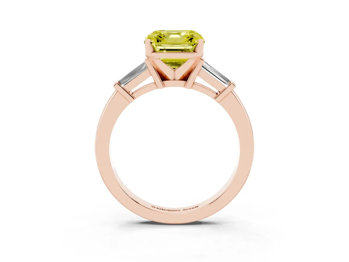 Fancy Yellow Asscher Cut Cut Diamond Solitaire Ring with Tapered Baguette Accents and Four-Prong Setting Rose gold