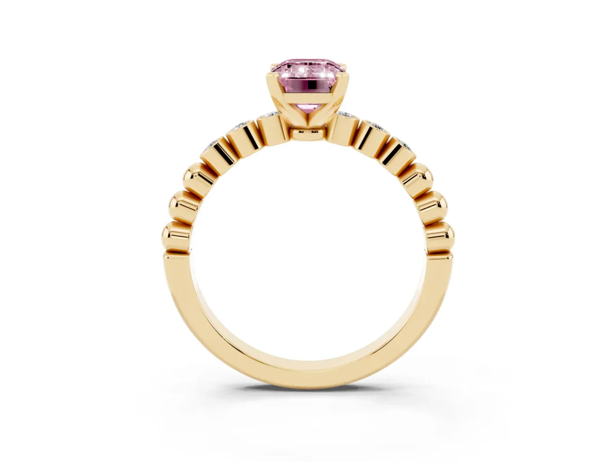 Fancy Pink Emerald Cut Solitaire Bezel Accent Diamond Engagement Ring with Beaded Band and Four-Prong Setting Yellow gold