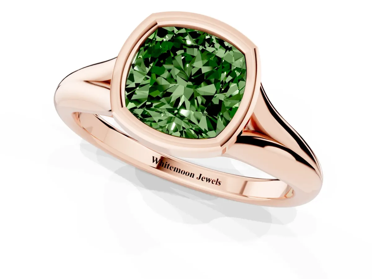 Fancy Green Bezel Set Cushion Cut Solitaire Diamond Ring with Smooth Band Rose gold