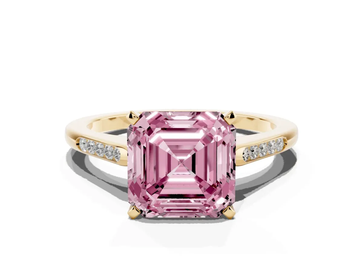 Fancy Pink Asscher Cut Diamond Solitaire Ring with Channel Set Round Band and Prong Setting Yellow gold