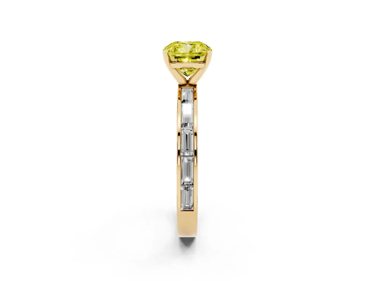 Fancy Yellow Cushion Cut Solitaire Diamond Ring with Channel-Set Baguette Band and Four-Prong Setting Yellow gold