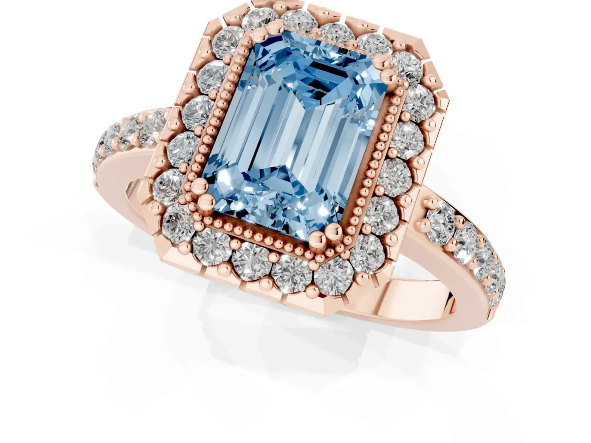 Fancy Blue Emerald Cut Diamond Halo Ring with Pavé Band and Prong Setting Rose gold