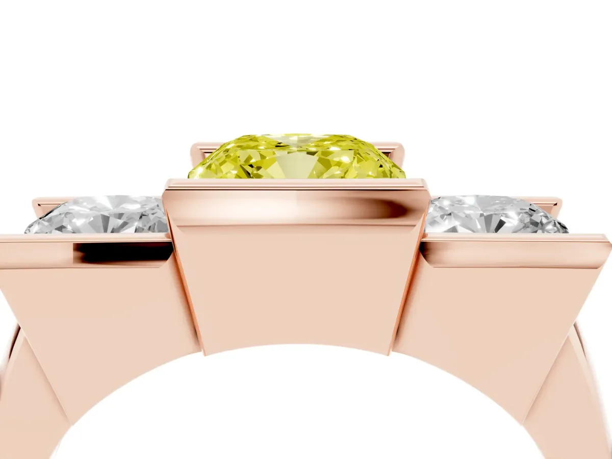 Fancy Yellow Three Stone Cushion Cut Cut Channel Set Diamond Ring Rose gold