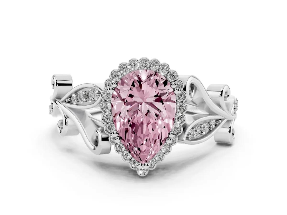 Fancy Pink Pear Cut Diamond Halo Ring with Vintage Split Shank and Four-Prong Setting Platinum