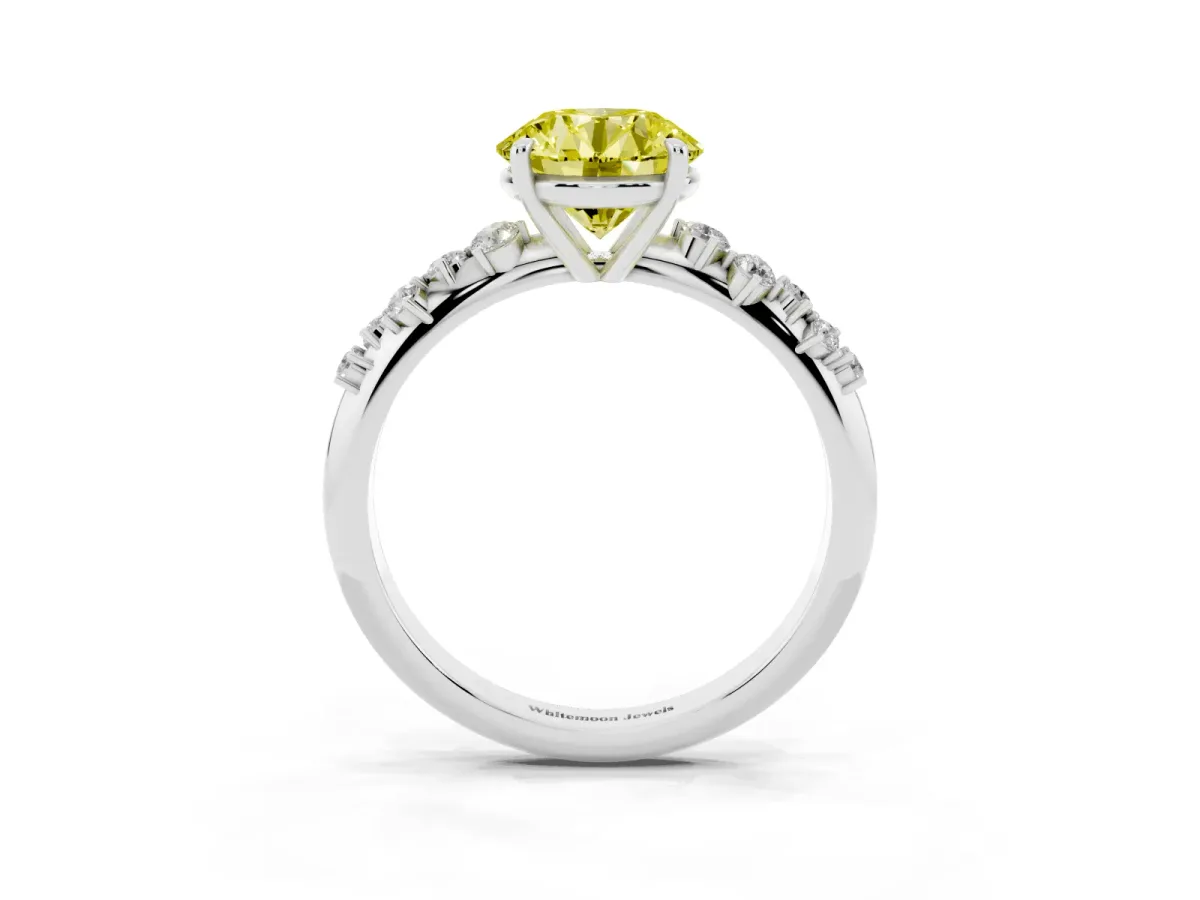 Fancy Yellow Round Cut Diamond Cluster Side Stone Solitaire Ring with Prong Setting Silver