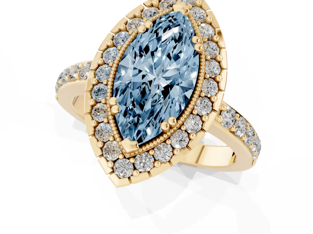 Fancy Blue Marquise Cut Diamond Halo Ring with Pavé Band and Prong Setting Yellow gold