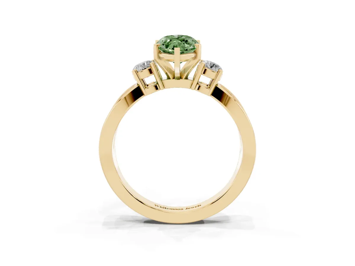 Fancy Green Three-Stone Marquise Cut Cut Diamond Twist Band with Prong Setting Yellow gold