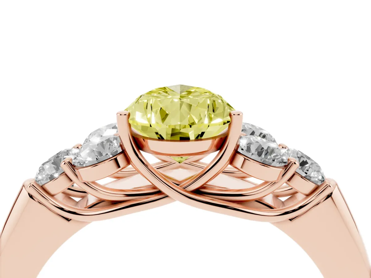 Fancy Yellow Pear Cut Cut Diamond Cluster Ring with Round Accent Stones and Prong Setting on a Classic Band Rose gold