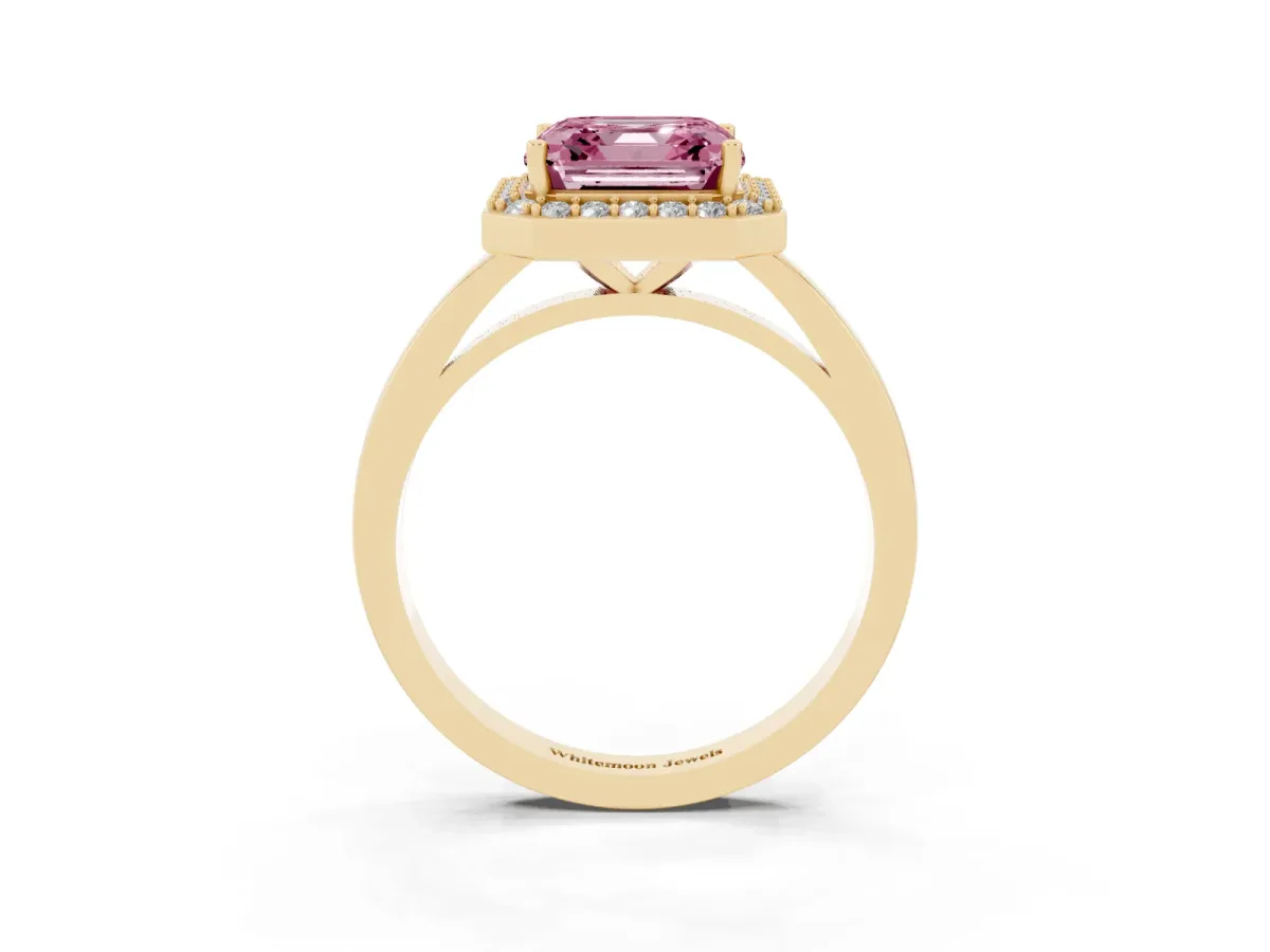 Fancy Pink Asscher Cut Halo Diamond Ring with Solitaire Band and Prong Setting Yellow gold