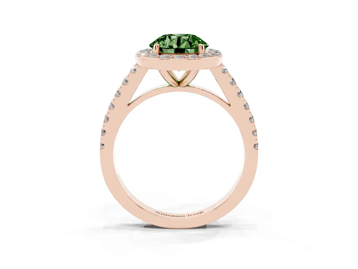 Fancy Green Round Cut Diamond Halo Ring with Round Pavé Split Shank and Prong Setting Rose gold