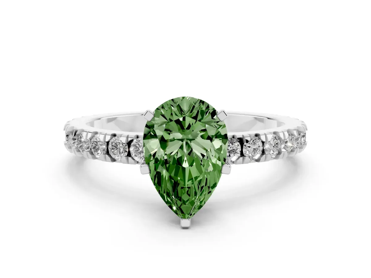 Fancy Green Pear Cut Diamond Pavé Band Solitaire with Four-Prong Setting Silver