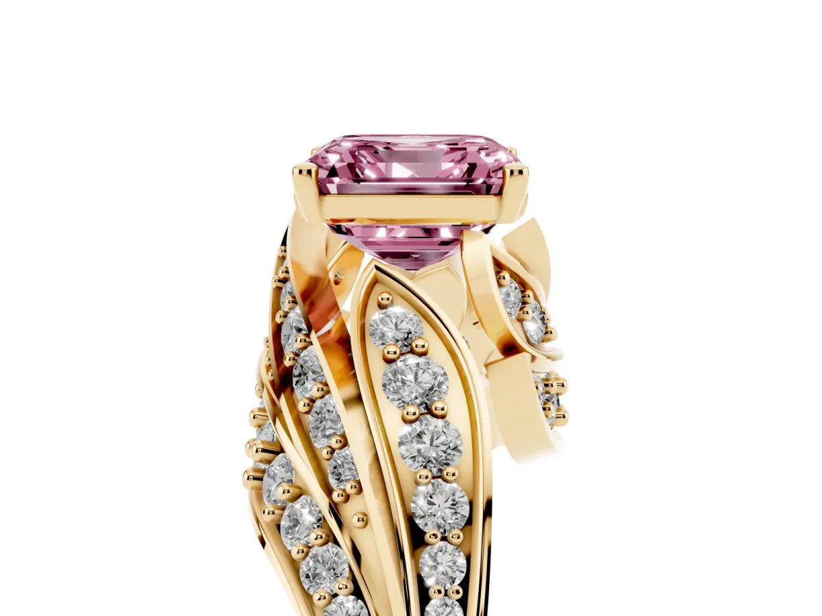 Fancy Pink Asscher Cut Diamond Solitaire Ring with Prong Setting and Twisted Pavé Band Yellow gold