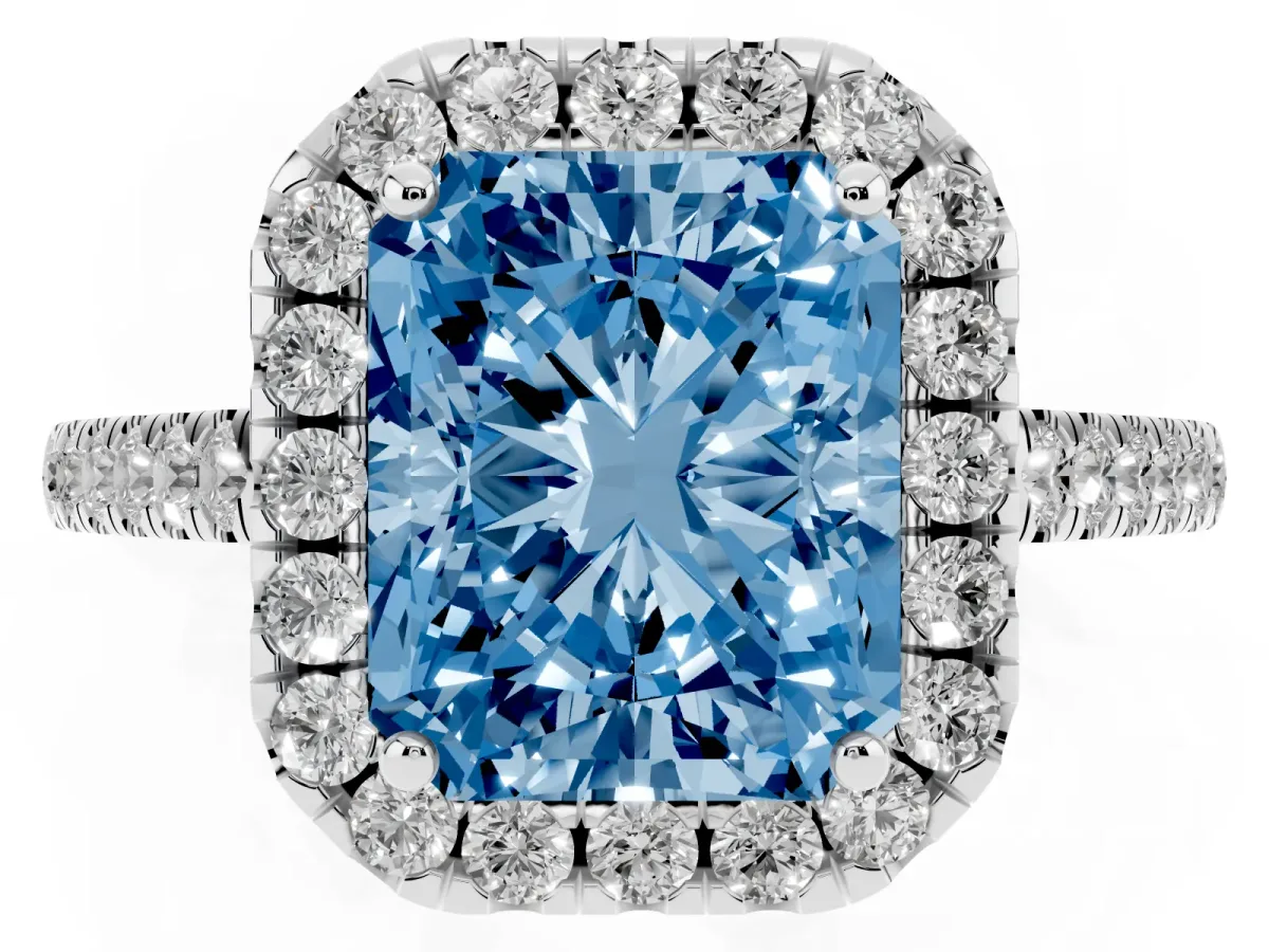 Fancy Blue Radiant Cut Halo Pavé Diamond Engagement Ring with Four-Prong Setting Silver