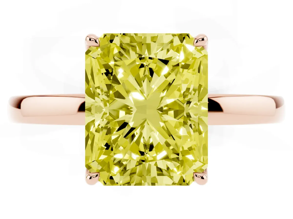 Fancy Yellow Radiant Cut Diamond Solitaire Ring with Thin Band and Prong Setting Rose gold