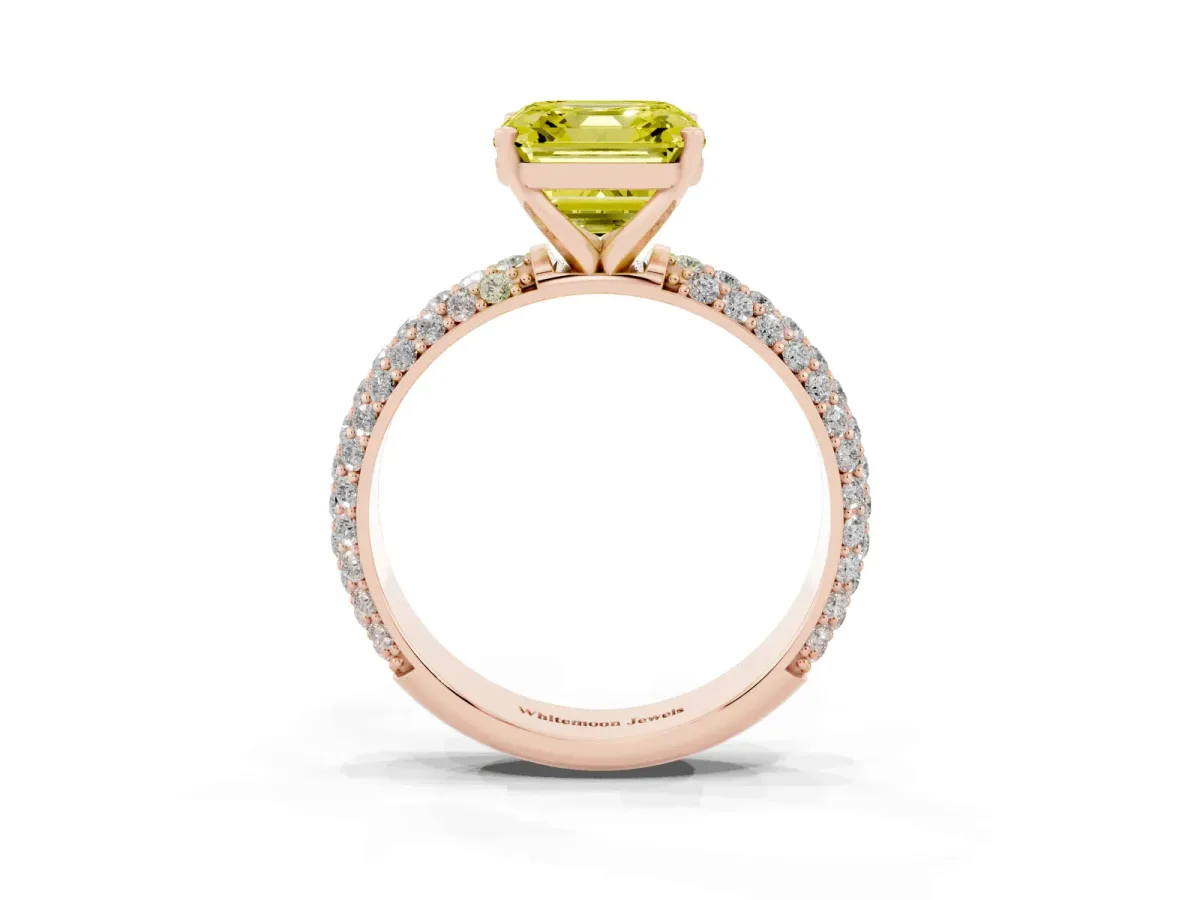 Fancy Yellow Asscher Cut Diamond Solitaire Ring with Prong Setting and Pavé Band Rose gold