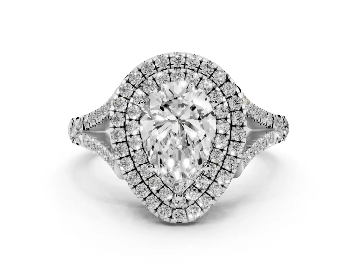 Pear Cut Cut Double Halo Split Shank Diamond Ring with Prong Setting Silver