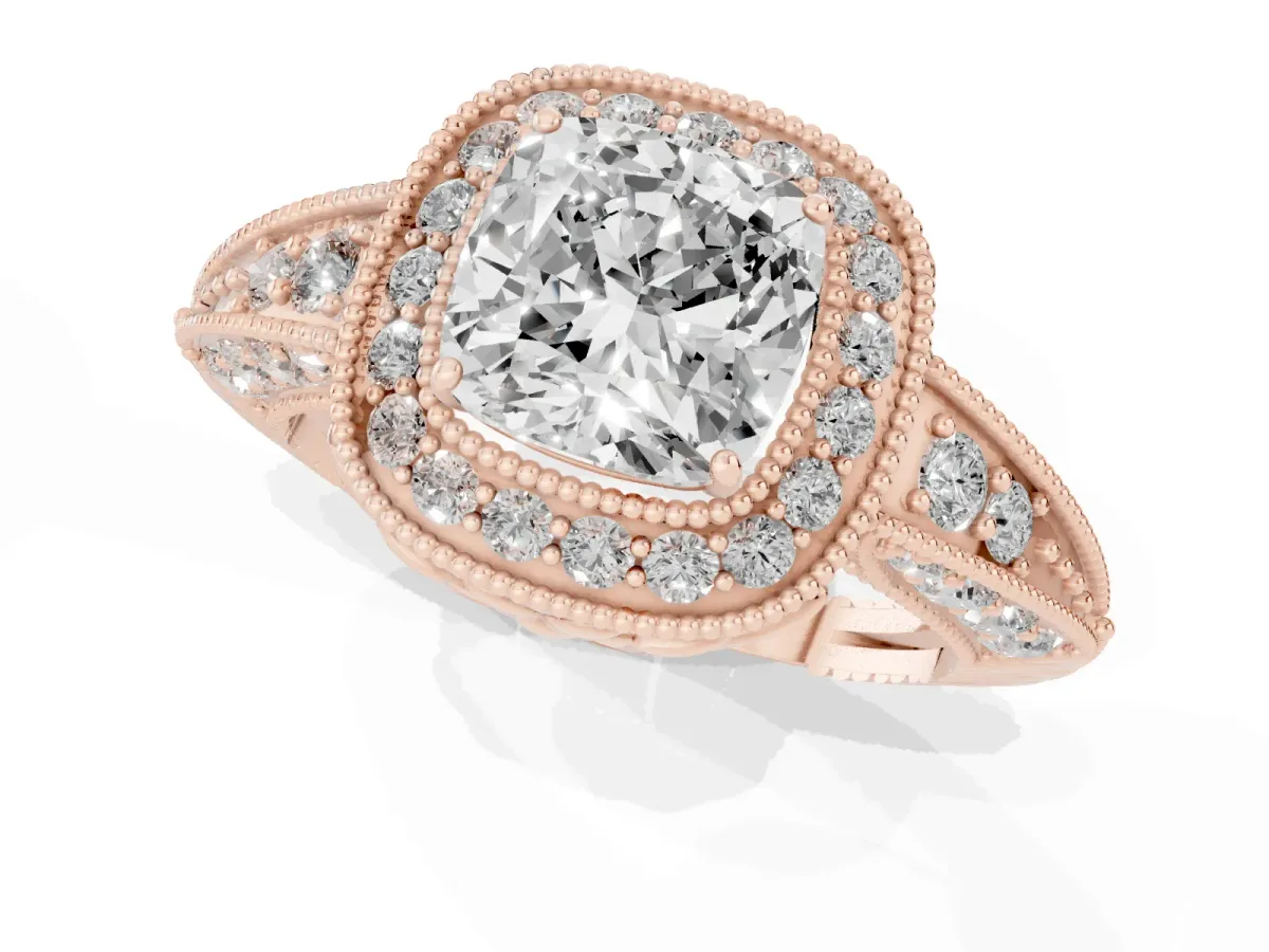 Cushion Cut Halo Diamond Split Shank Ring with Milgrain Detail Rose gold