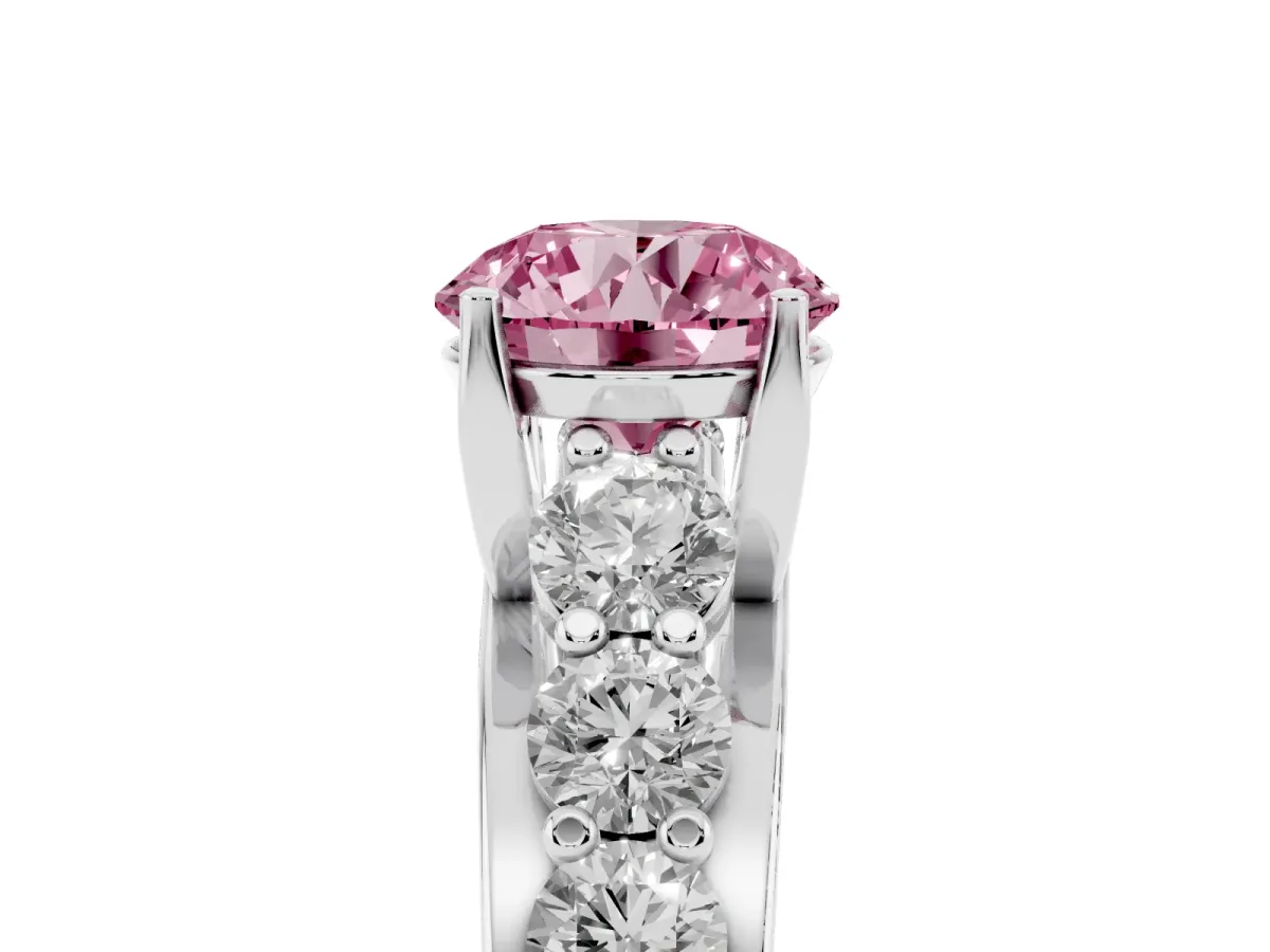 Fancy Pink Round Cut Diamond Engagement Ring with Pavé Band and Four-Prong Setting Platinum