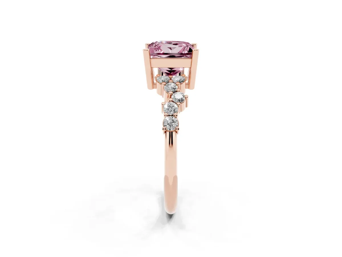 Fancy Pink Princess Cut Diamond Scattered Round Accent Ring with Prong Setting Rose gold