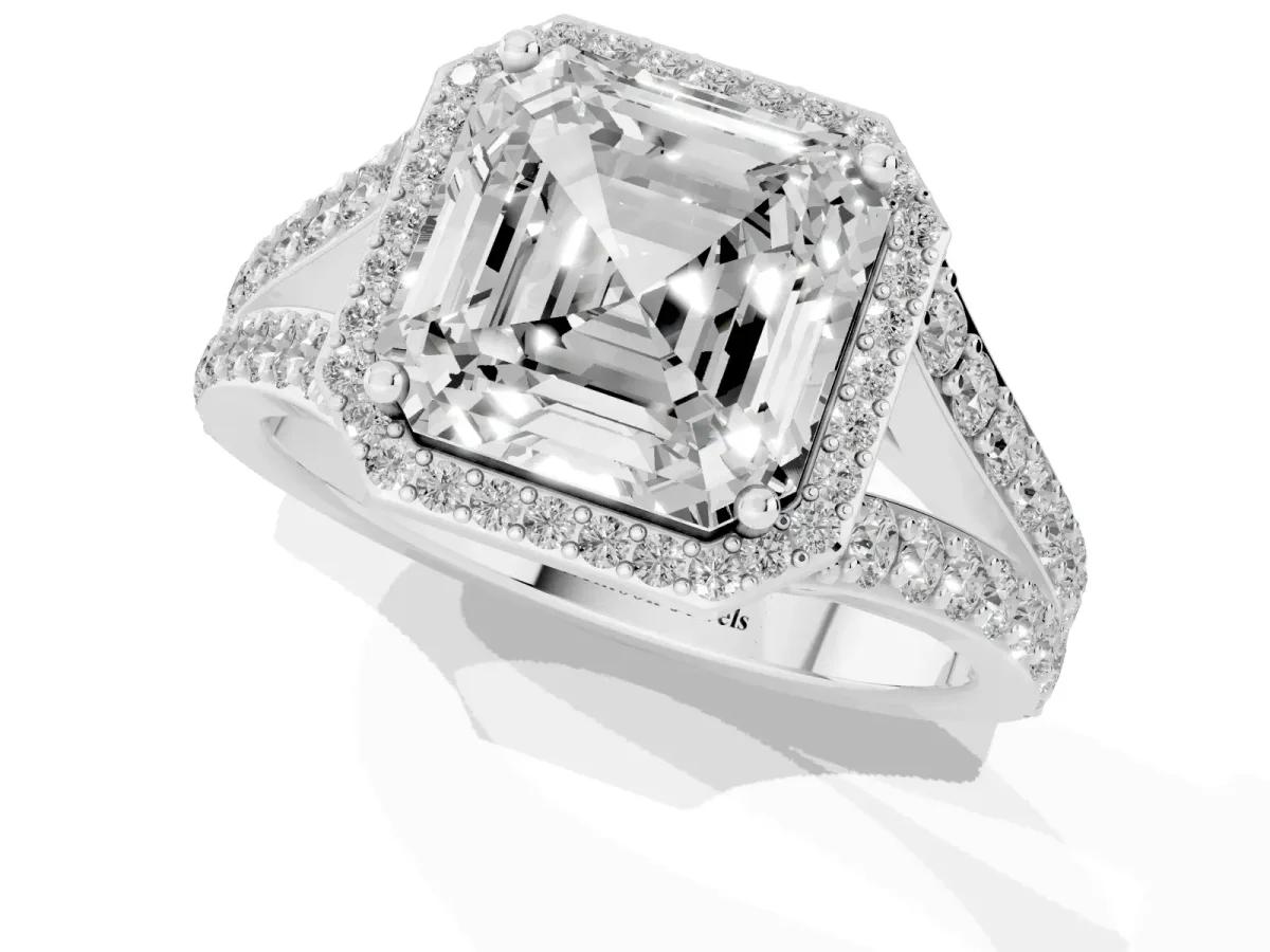 Asscher Cut Diamond Split Shank Halo Ring with Four-Prong Setting Silver
