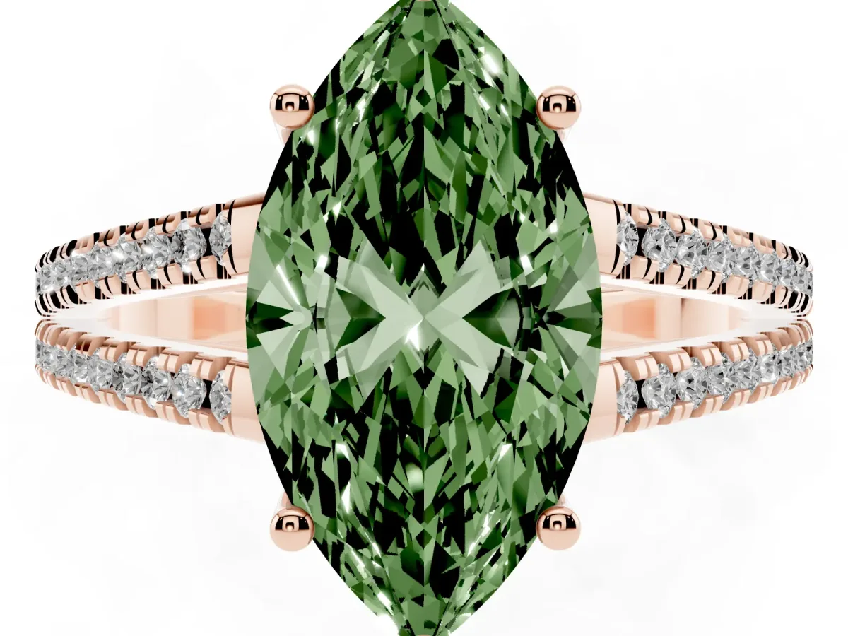 Fancy Green Marquise Cut Diamond Solitaire Engagement Ring with Split Shank Pavé Band Rose gold