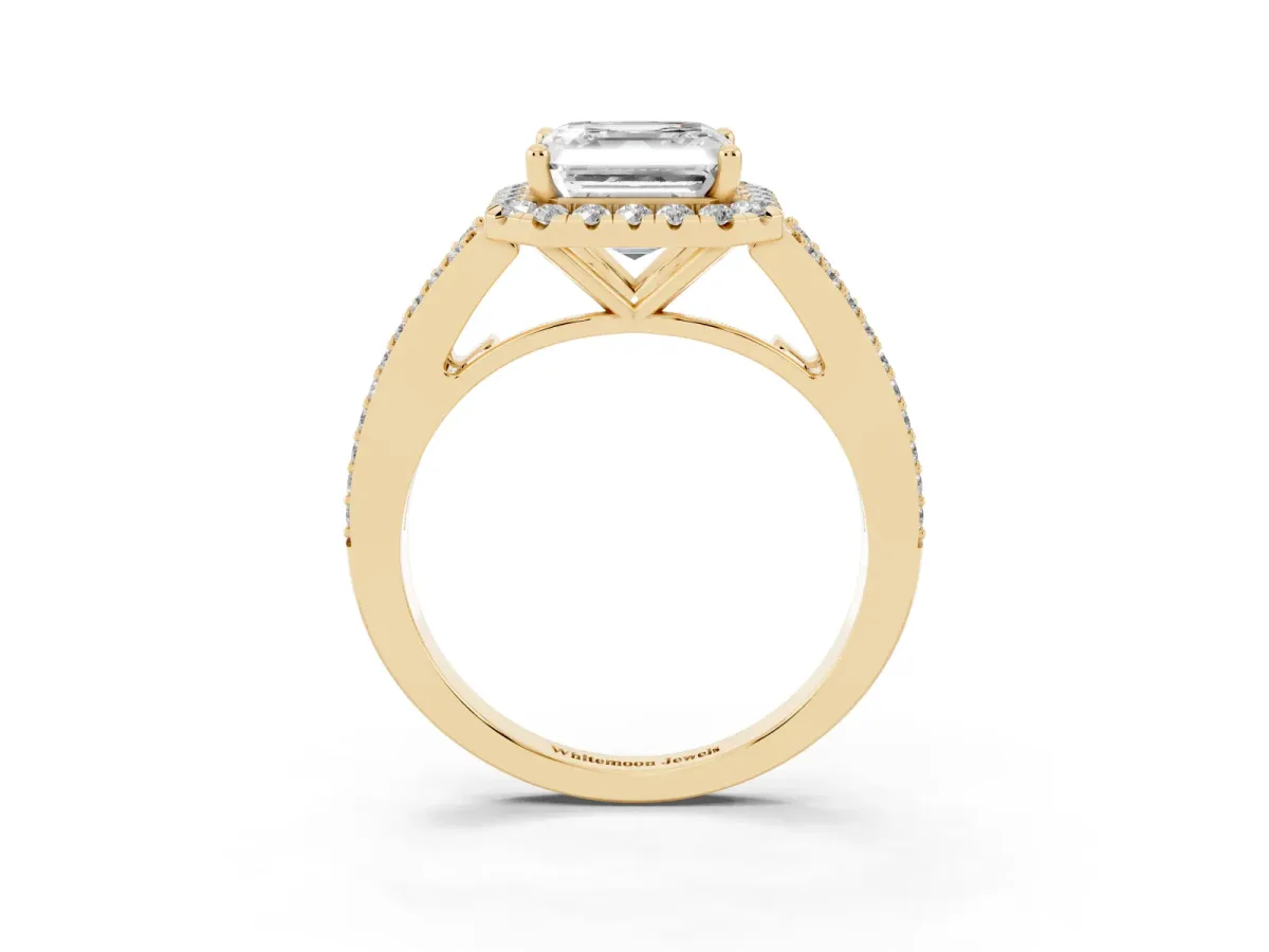 Asscher Cut Halo Split Shank Diamond Ring with Prong Setting Yellow gold