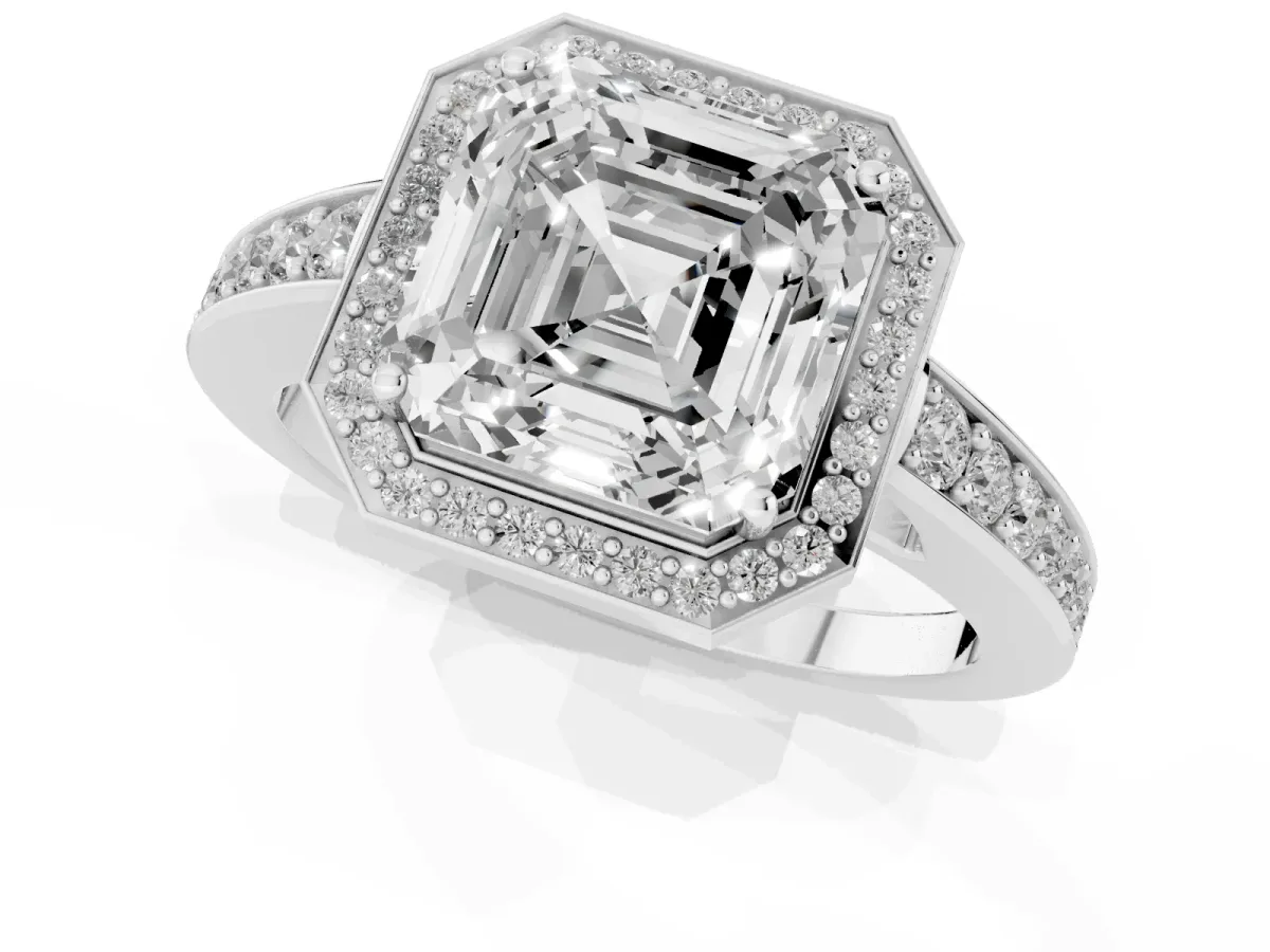 Asscher Cut Halo Pavé Diamond Engagement Ring with Bezel Setting Platinum