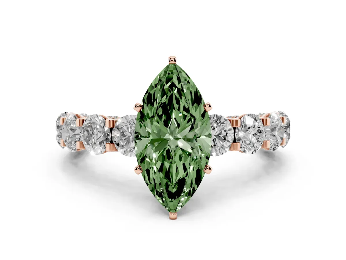 Fancy Green Marquise Cut Diamond Side Stone Engagement Ring with Four-Prong Setting Rose gold