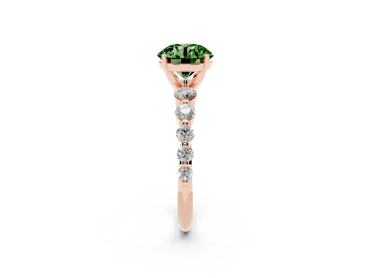 Fancy Green Round Cut Solitaire Diamond Ring with Pave Band and Four-Prong Setting Rose gold