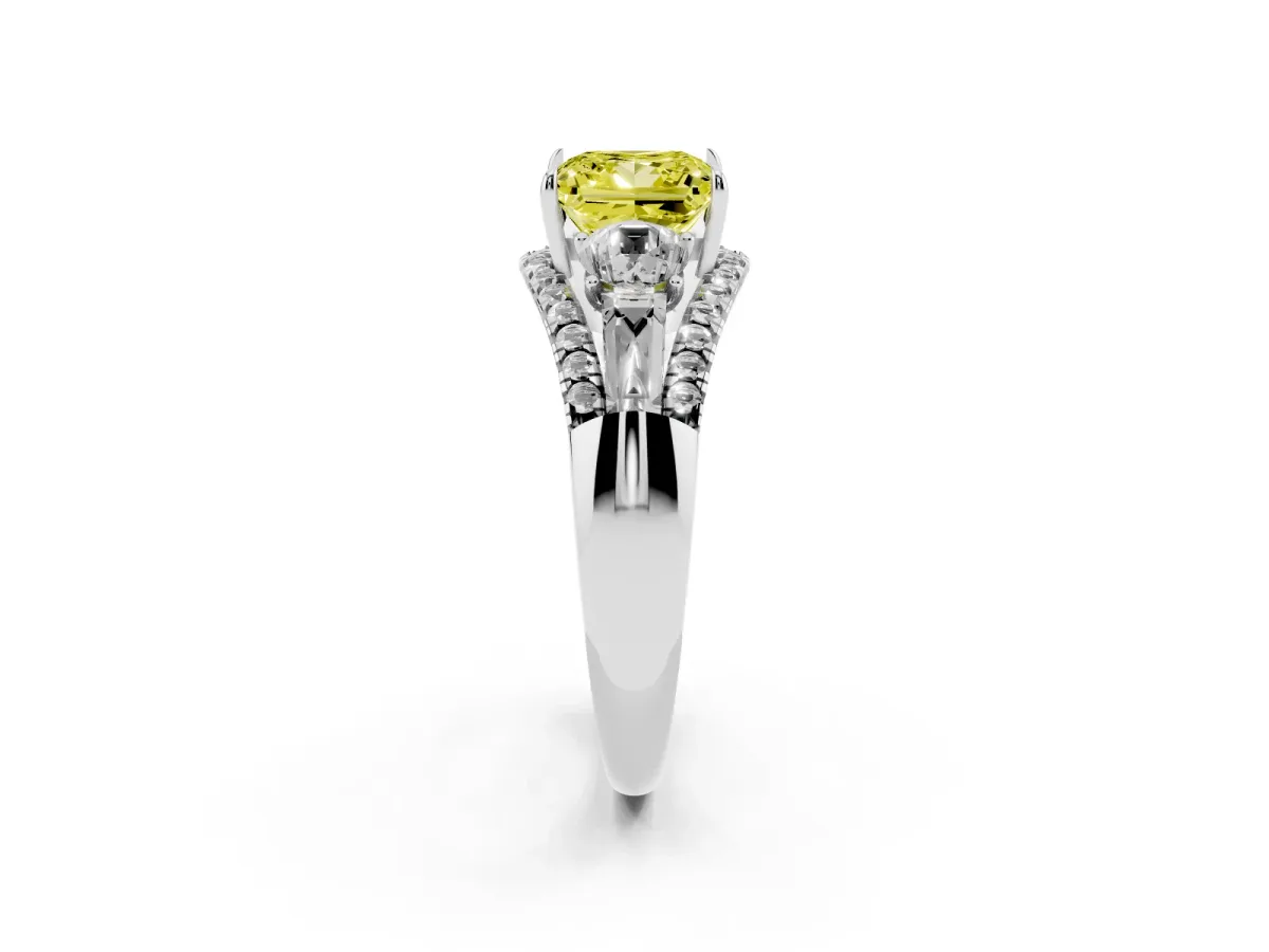 Fancy Yellow Three-Stone Princess Cut Diamond Engagement Ring with Pave Band and Prong Setting Silver
