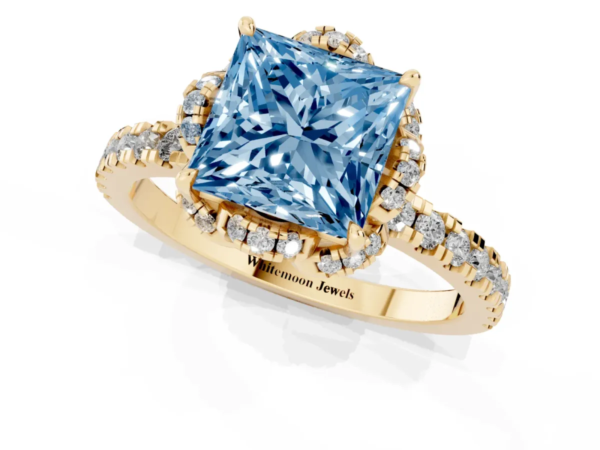 Fancy Blue Princess Cut Halo Diamond Pave Band Ring with Four-Prong Setting Yellow gold