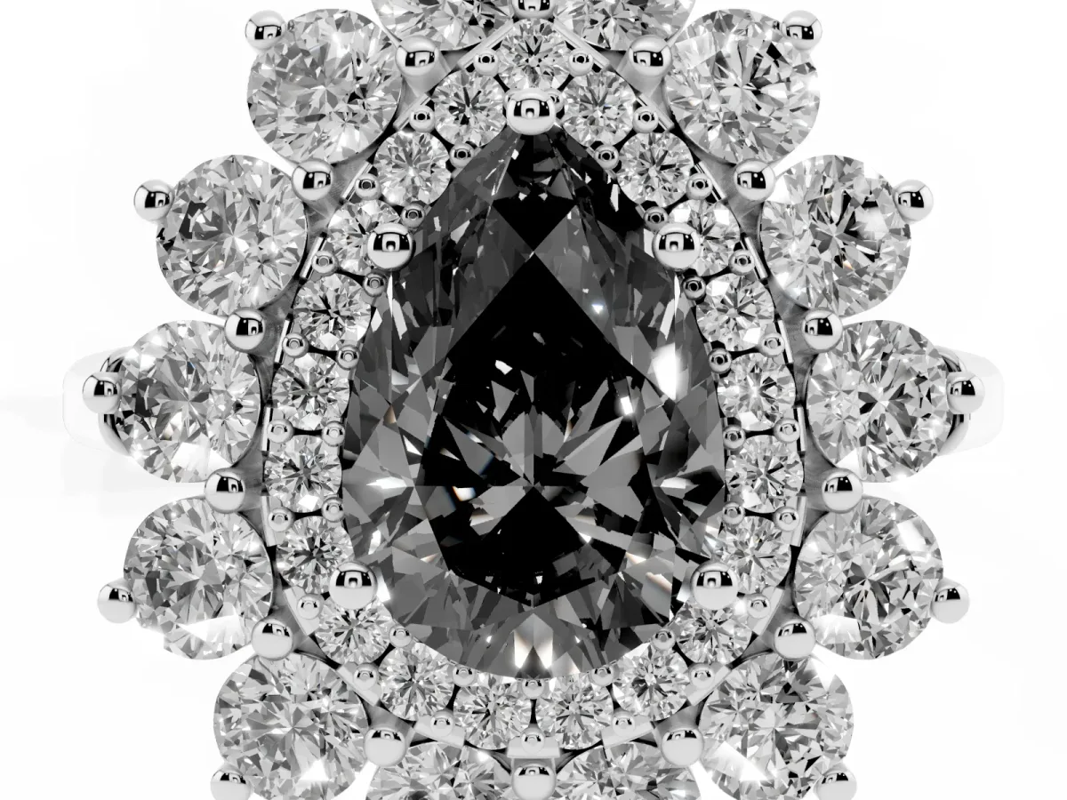 Fancy Black Pear Cut Diamond Floral Double Halo Engagement Ring with Prong Setting Silver