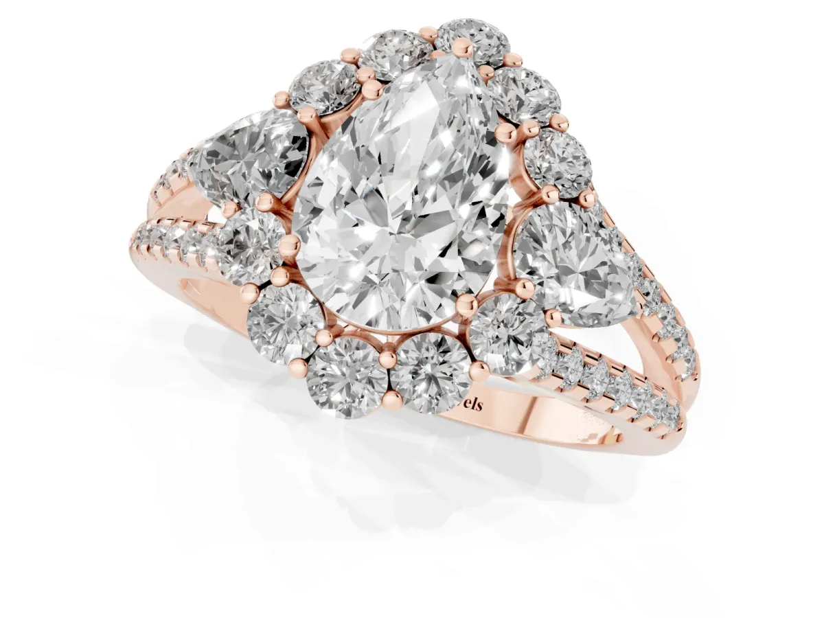 Pear Cut Halo Split Shank Diamond Engagement Ring with Prong Setting Rose gold