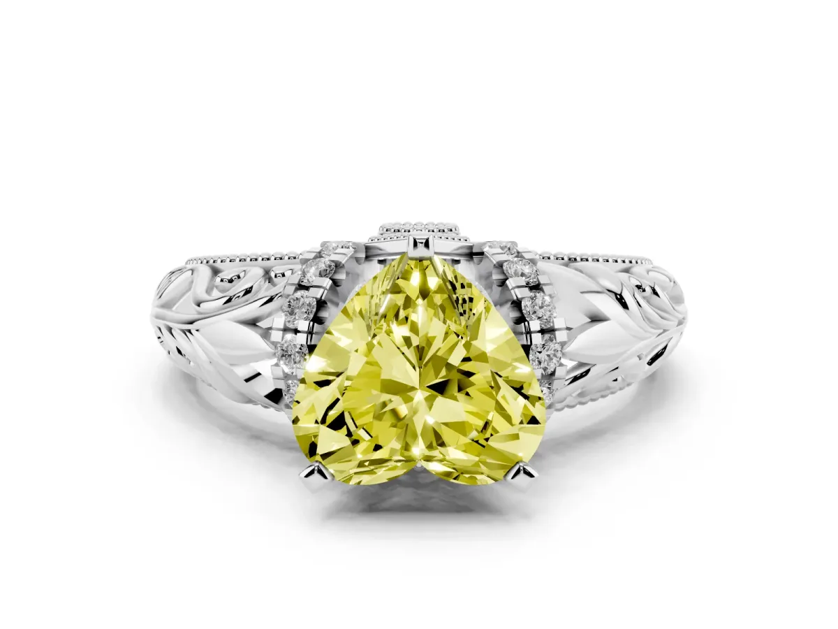 Fancy Yellow Heart Cut Solitaire Filigree Engagement Ring with Halo and Prong Setting Platinum