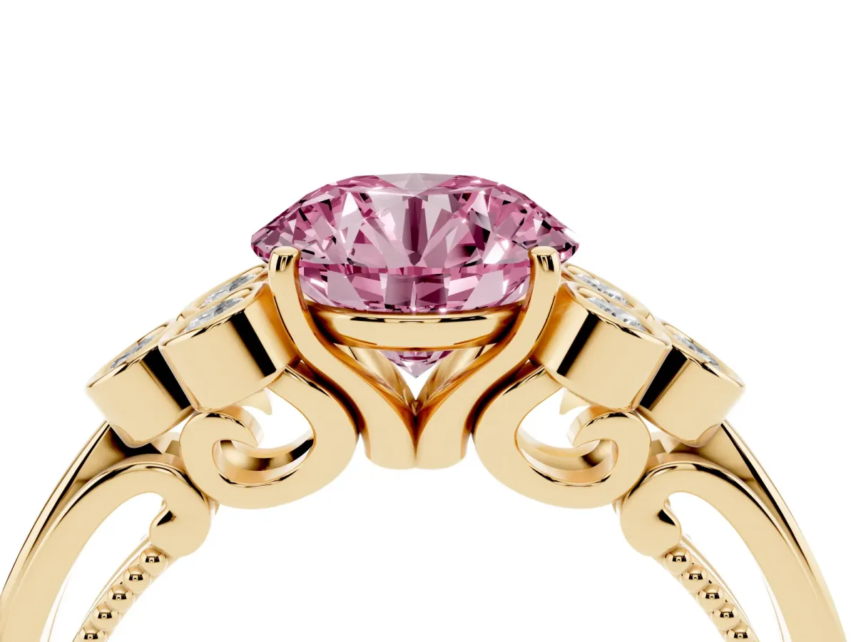 Fancy Pink Round Cut Cut Diamond Engagement Ring with Bezel Set Round Side Stones and Prong Setting Yellow gold