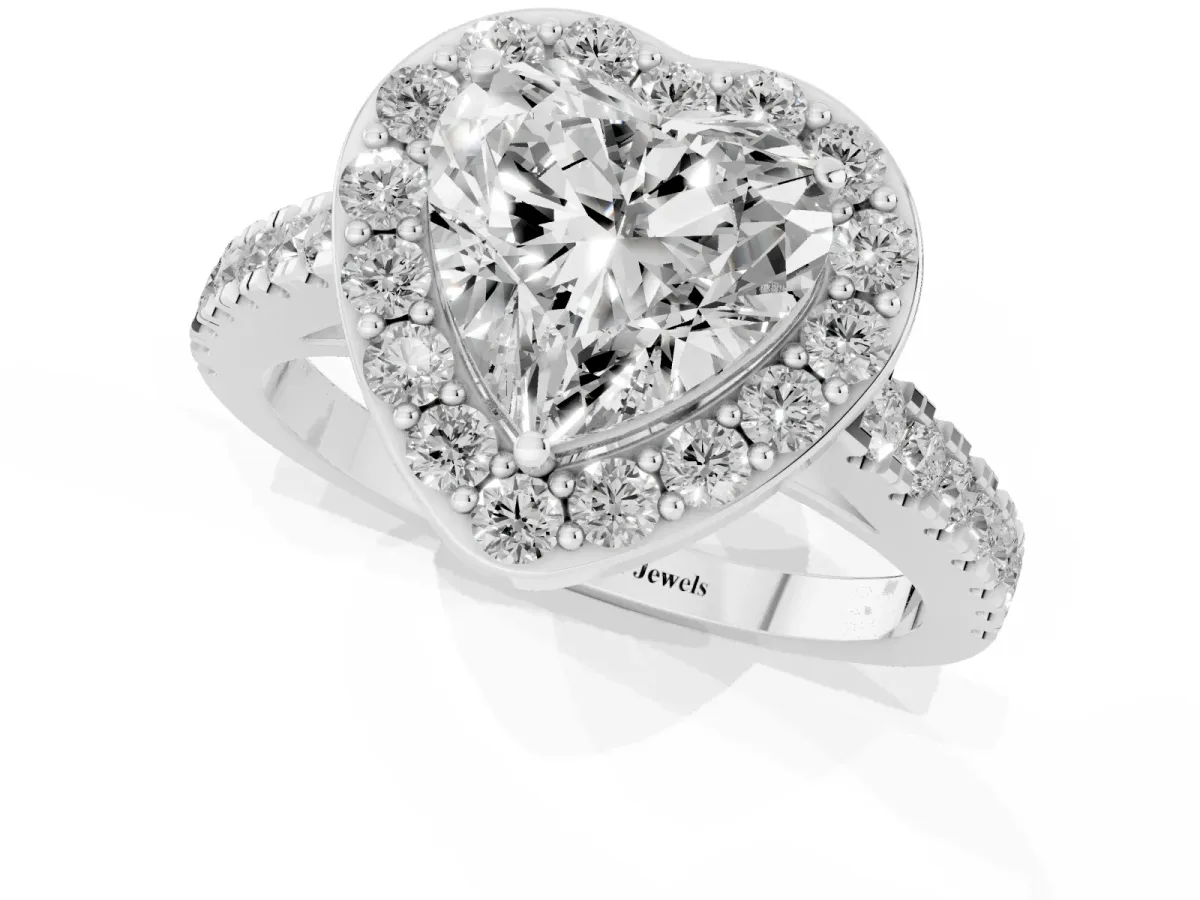 Heart Cut Diamond Halo Ring with Round Pavé Split Shank and Prong Setting Silver