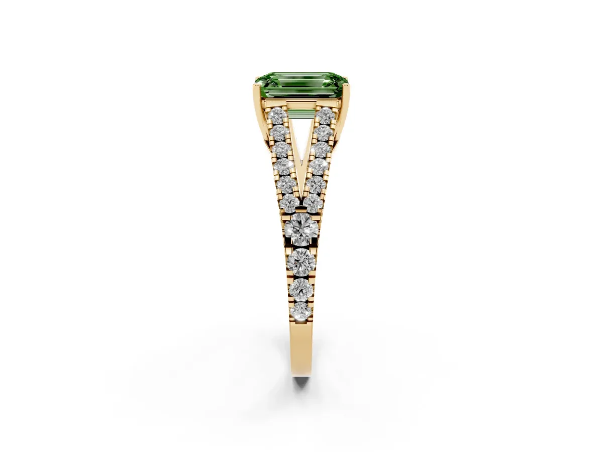 Fancy Green Emerald Cut Diamond Split Shank Pavé Engagement Ring with Four-Prong Setting Yellow gold
