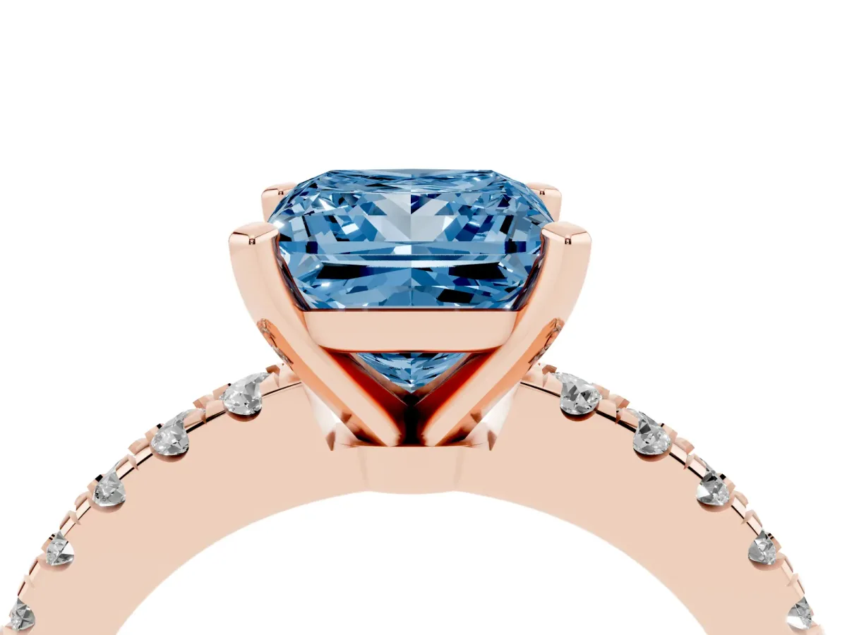 Fancy Blue Princess Cut Solitaire Diamond with Pavé Band and Four-Prong Setting Rose gold