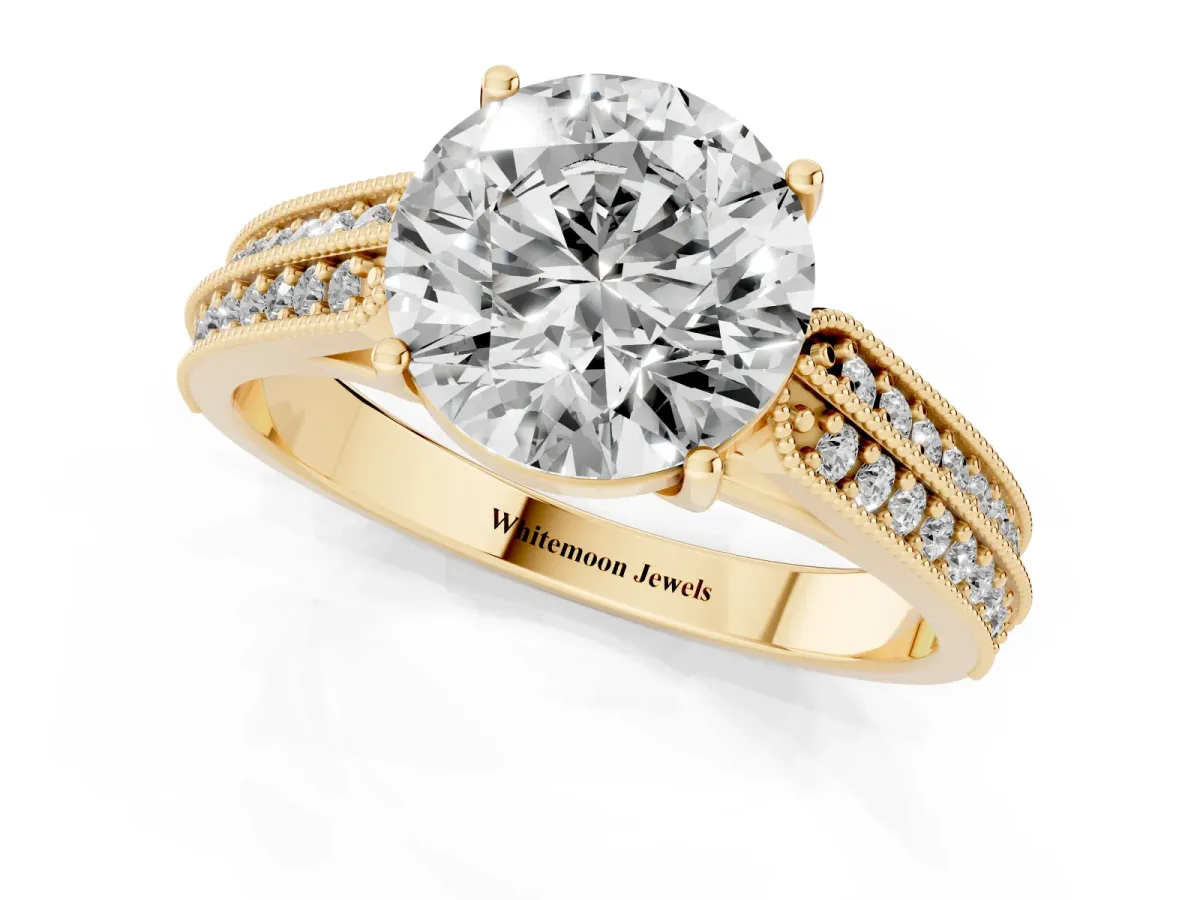 Round Cut Cut Pave Split Shank Engagement Ring with Four-Prong Setting Yellow gold