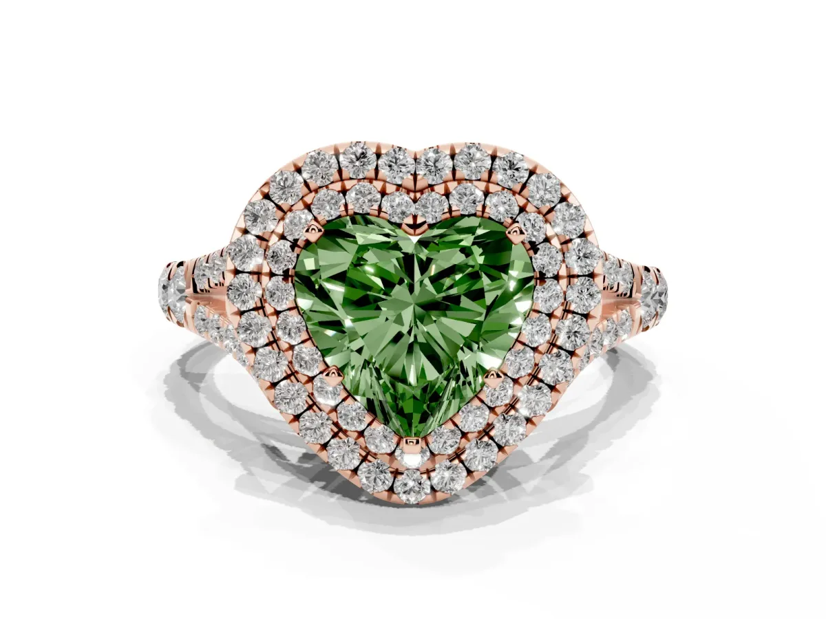 Fancy Green Double Halo Heart Cut Diamond Split Shank Engagement Ring with Four-Prong Setting Rose gold