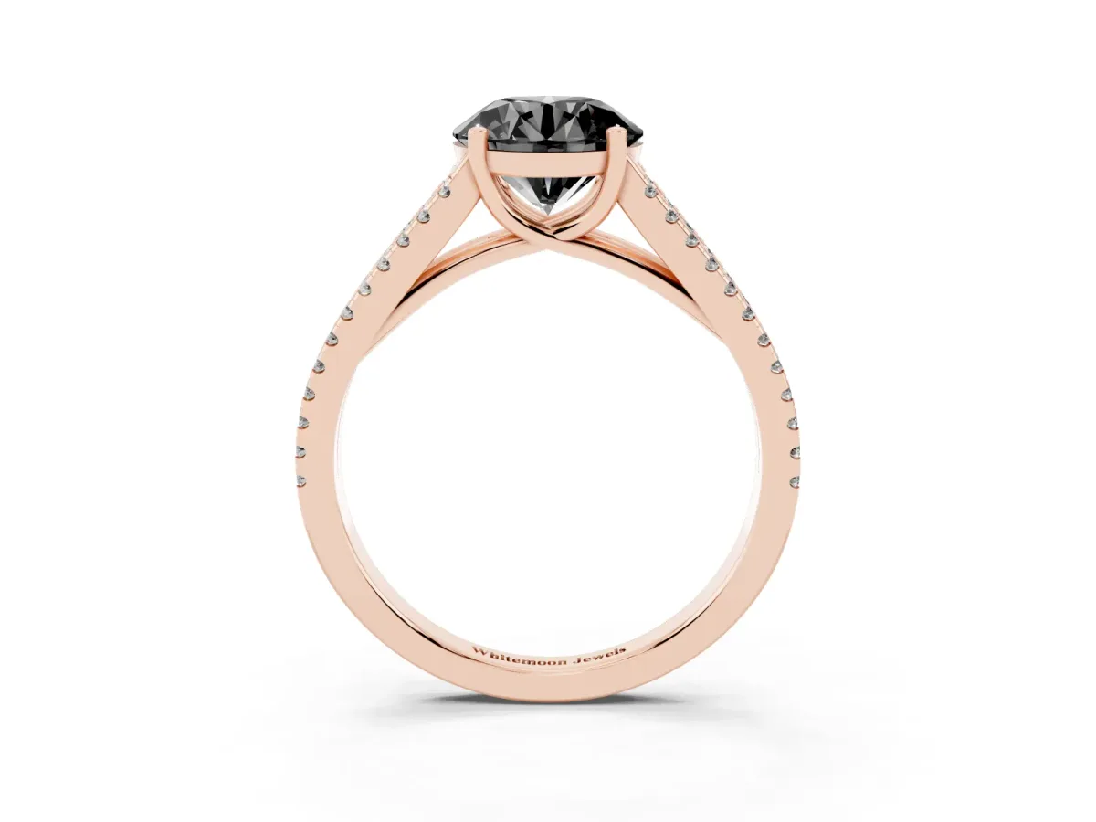 Fancy Black Round Cut Diamond Solitaire Engagement Ring with Split Shank Pavé Band Rose gold