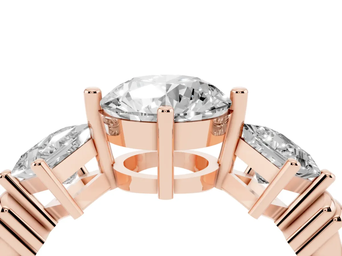 Three-Stone Round Cut and Princess Cut Diamond Ring with Channel Band and Four-Prong Setting Rose gold